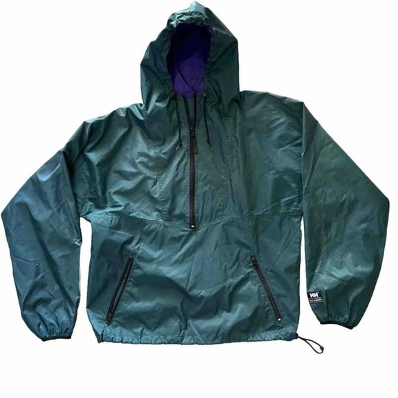Vntg HELLY HANSEN M Jacket Mens Hooded 1/2 Zip Nylon Windbreaker Pullover Green - Picture 1 of 13